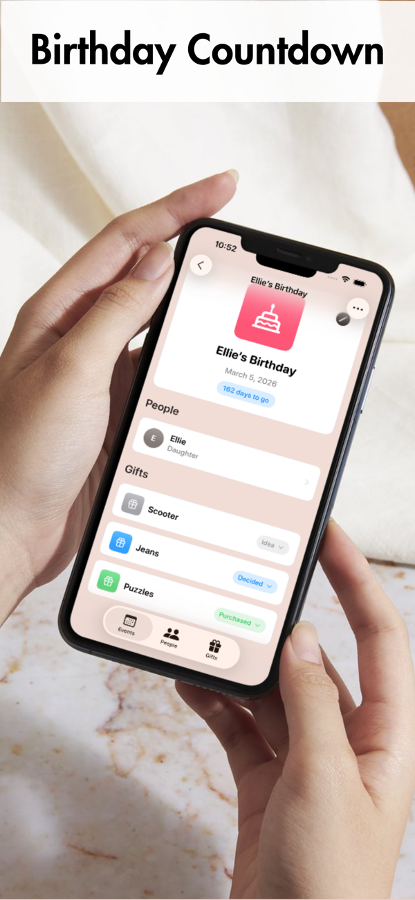Gifted app birthday event screen with a days-to-go countdown and gift ideas for the birthday person