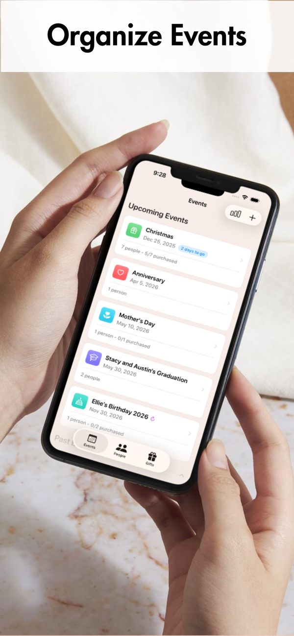 Gifted app events screen listing Christmas, anniversary, Mother's Day, graduation, and birthday events with countdowns