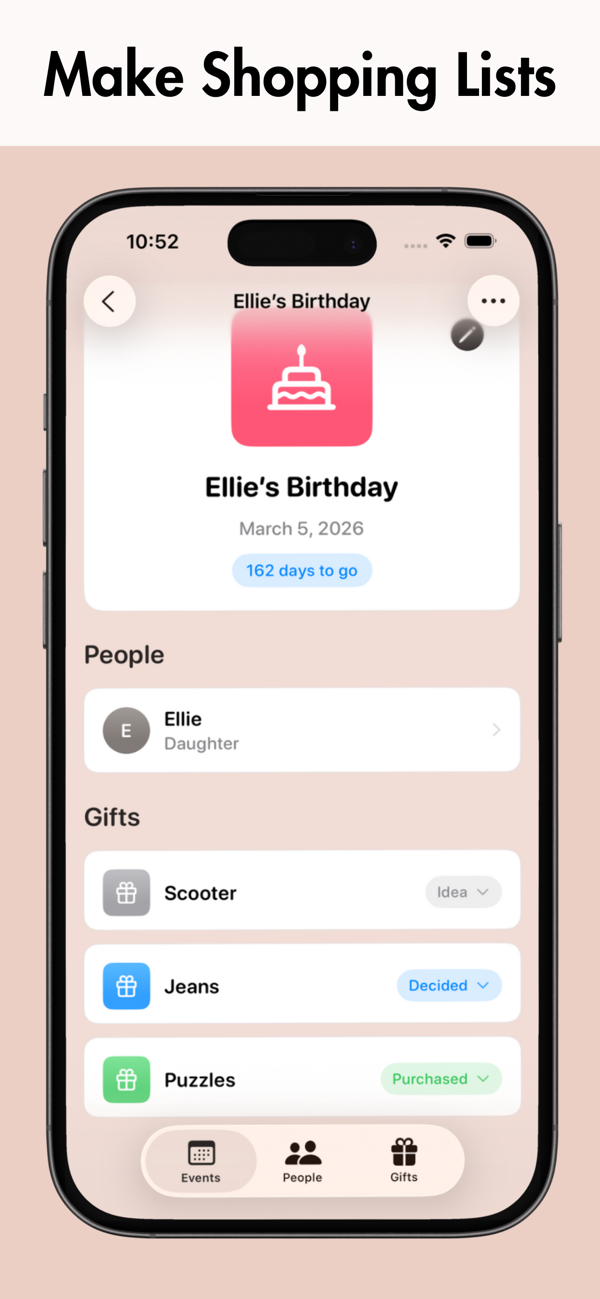 Gifted app shopping list screen showing gifts moving from Idea to Decided to Purchased